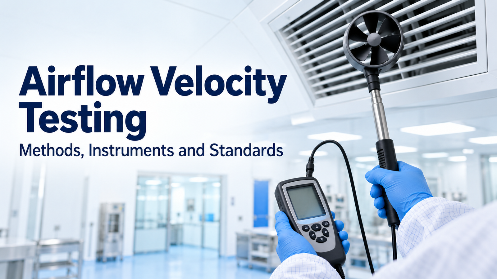 Airflow velocity testing measures air speed and uniformity in cleanrooms and clean-air devices to confirm unidirectional flow and adequate air movement.