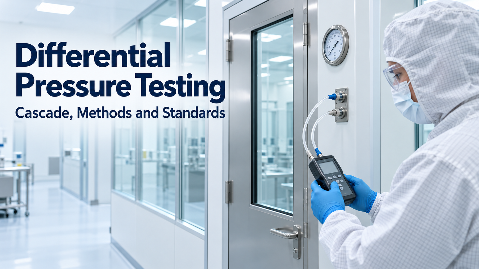 Differential pressure testing confirms the pressure cascade between cleanroom areas, keeping cleaner rooms positively pressured so contamination cannot flow in.
