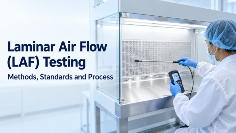 Laminar air flow testing checks air velocity, uniformity and HEPA integrity in LAF units and clean benches to keep unidirectional airflow within limits.