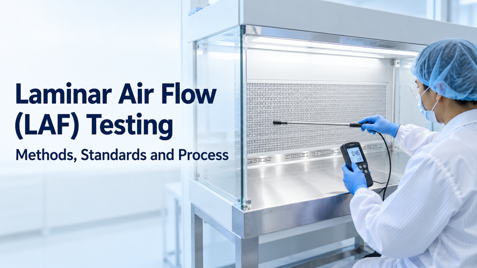 Laminar air flow testing checks air velocity, uniformity and HEPA integrity in LAF units and clean benches to keep unidirectional airflow within limits.