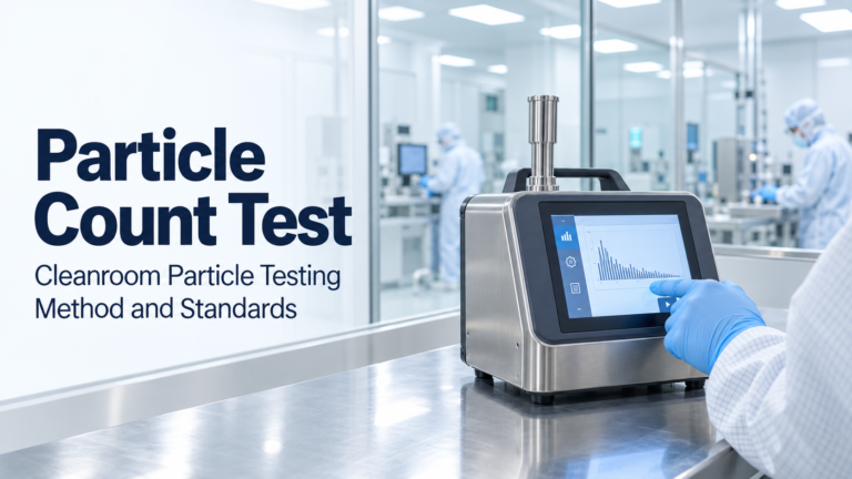 A particle count test measures airborne particles in a cleanroom against its ISO 14644 class, using a calibrated laser counter to prove the air is clean enough.