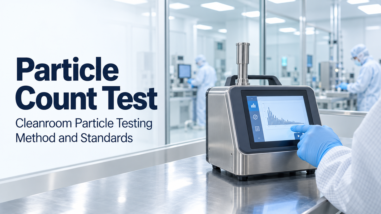 A particle count test measures airborne particles in a cleanroom against its ISO 14644 class, using a calibrated laser counter to prove the air is clean enough.