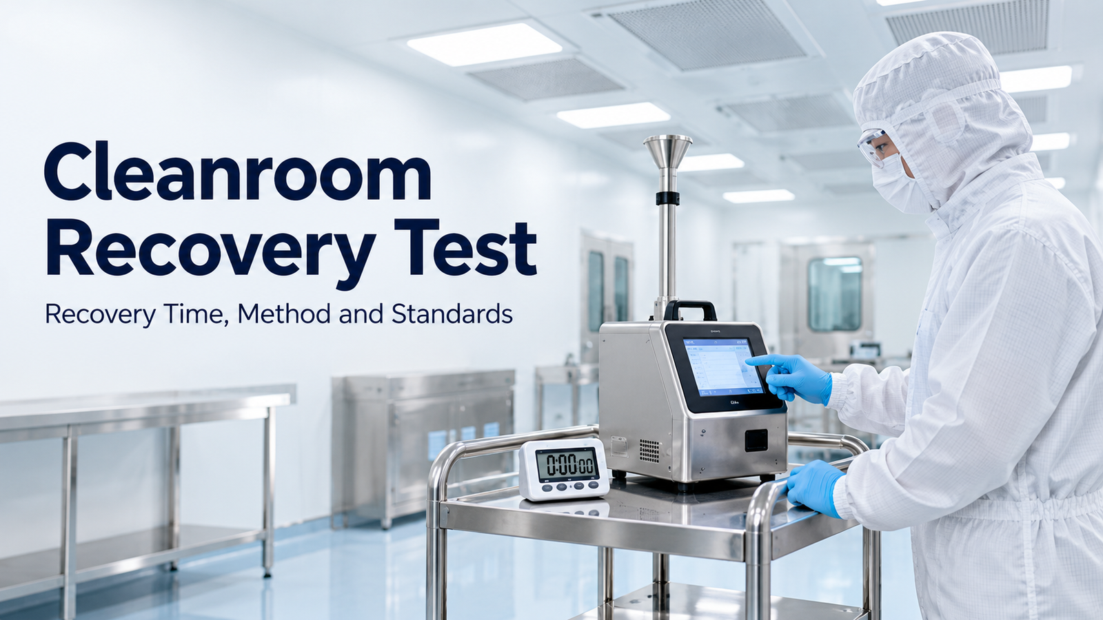 A cleanroom recovery test measures how fast a room clears airborne particles after a contamination challenge, proving its ventilation restores cleanliness.