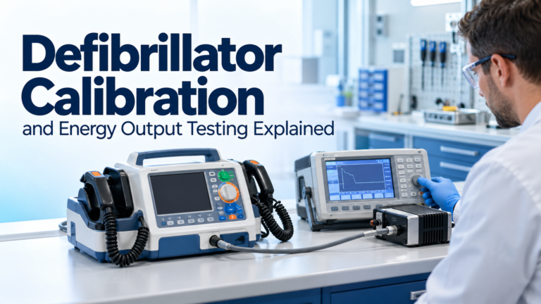 Defibrillator calibration explained: delivered energy, charge time, synchronised cardioversion and ECG checks with a defibrillator analyser, plus AED tips.