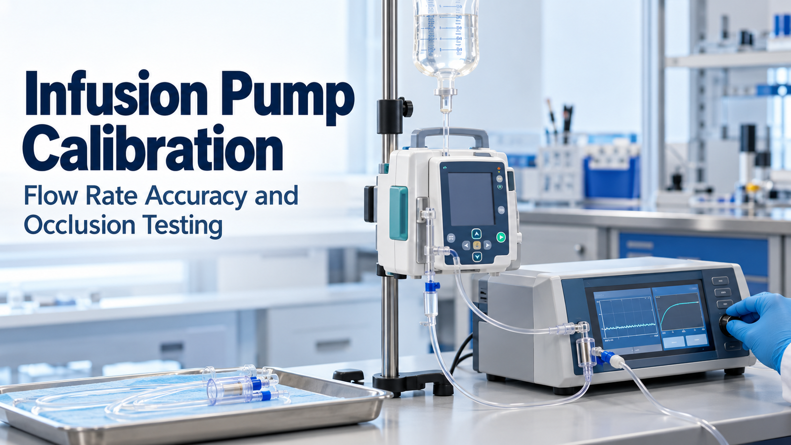 Infusion pump calibration explained: flow rate and volume accuracy, occlusion pressure, bolus and alarm checks with an infusion device analyser.