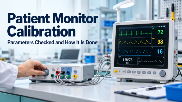 How patient monitor calibration works: ECG, SpO2, NIBP, temperature and respiration checks with a patient simulator, intervals and what the certificate shows.