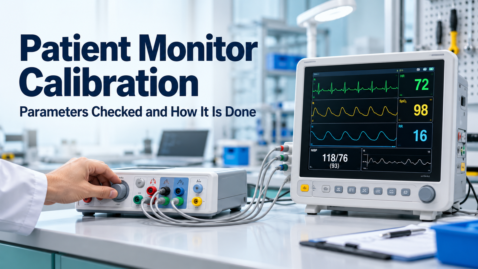 How patient monitor calibration works: ECG, SpO2, NIBP, temperature and respiration checks with a patient simulator, intervals and what the certificate shows.