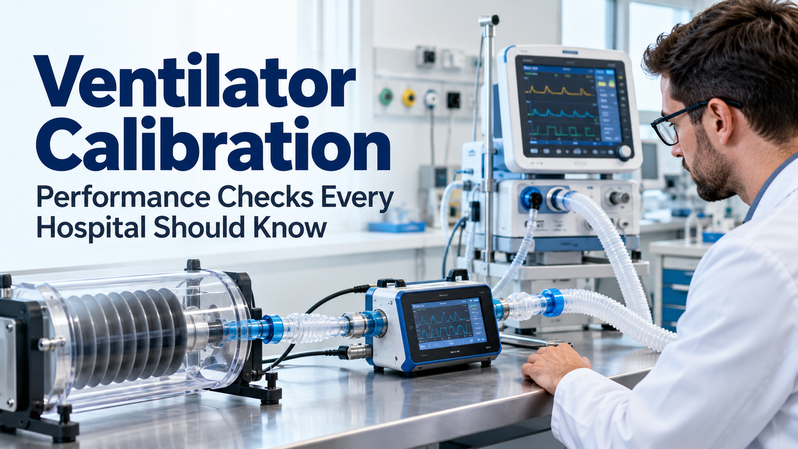 Ventilator calibration explained: tidal volume, pressure, FiO2, PEEP and alarm checks with a gas flow analyser, plus intervals and tips for ICU teams.